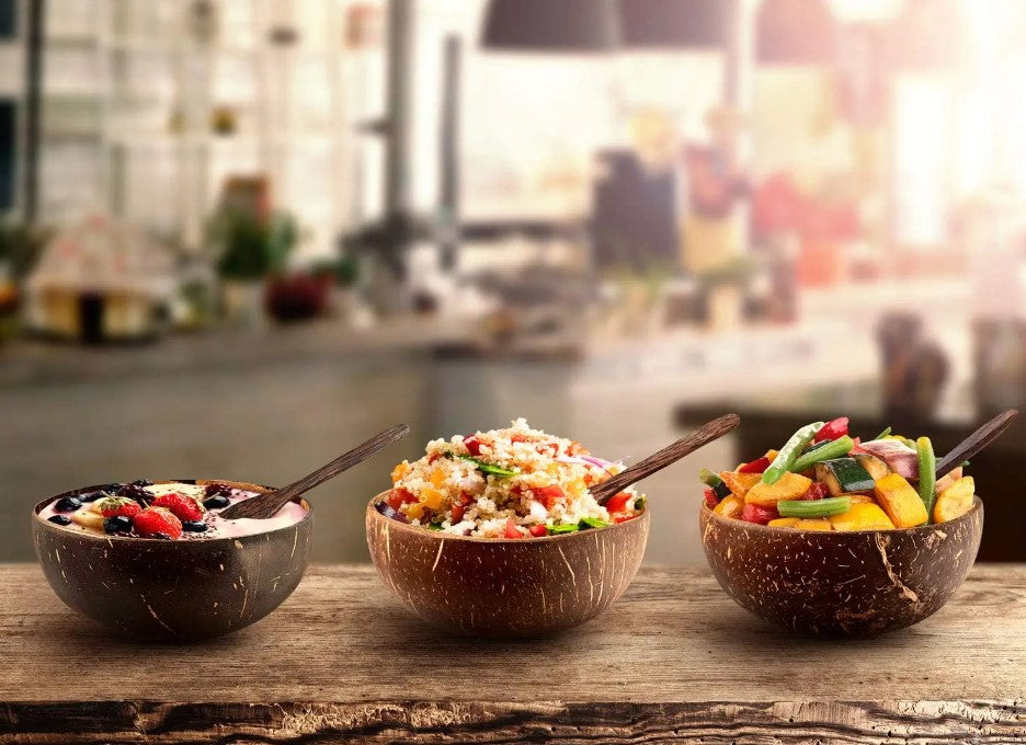 Handmade Natural Coconut Bowls with Coconut Fork & Spoon, Eco-Friendly Product, Plastic-Free