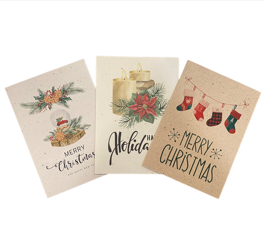 Biodegradable Handmade Paper Holiday/Christmas Greeting Card - 3/pack, Eco-Friendly Product, Plastic-Free