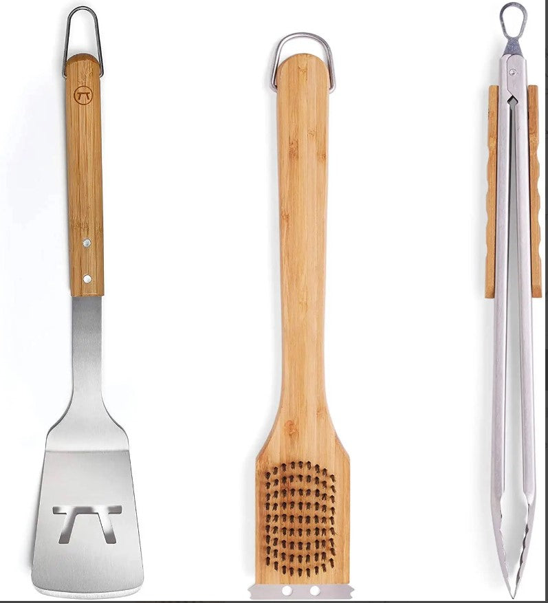 100% Recycled Stainless Steel BBQ Tools Set with Bamboo Handles, Eco-Friendly Product, Plastic-Free