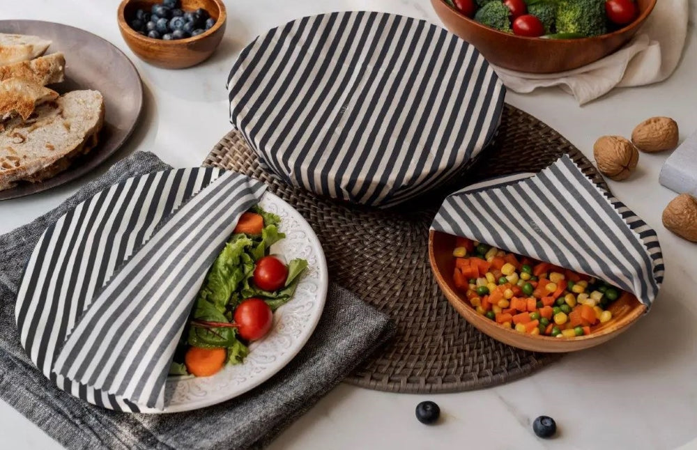 Reusable Organic Beeswax Food Wraps, Black/White Stripes Design